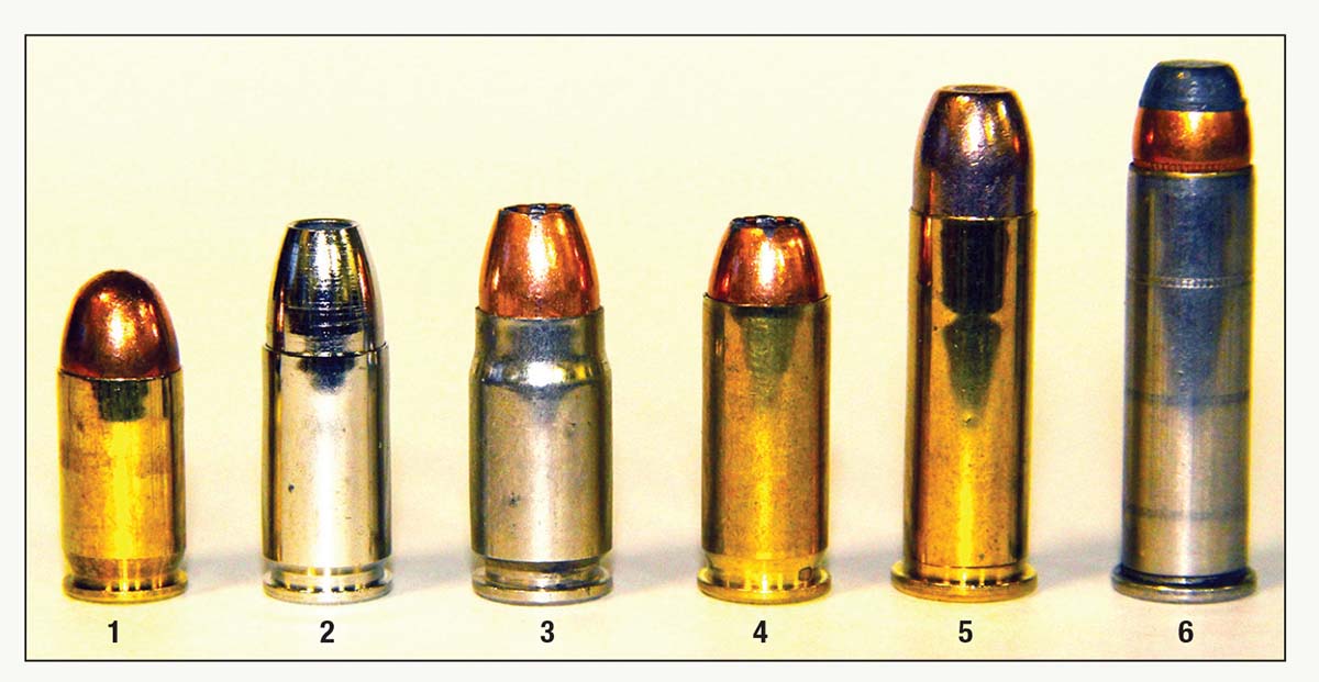 Shown for comparison are: (1) 380 Auto, (2) 9mm Luger, (3) 357 SIG, (4) 38 Super Automatic, (5) 38 Special and (6) 357 Magnum.